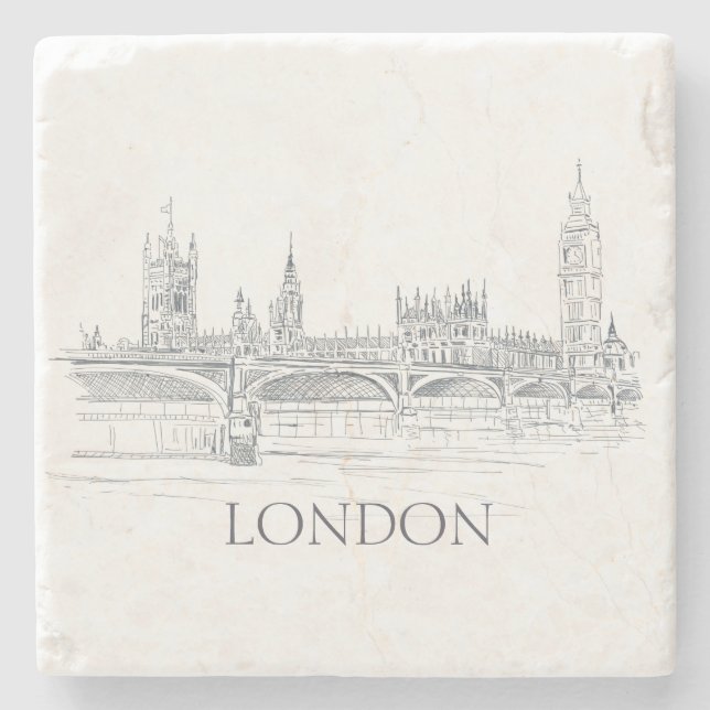 London Bridge Big Ben and Skyline Ink Drawing Stone Coaster (Front)