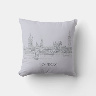London Bridge Big Ben and Skyline Ink Sketch Cushion