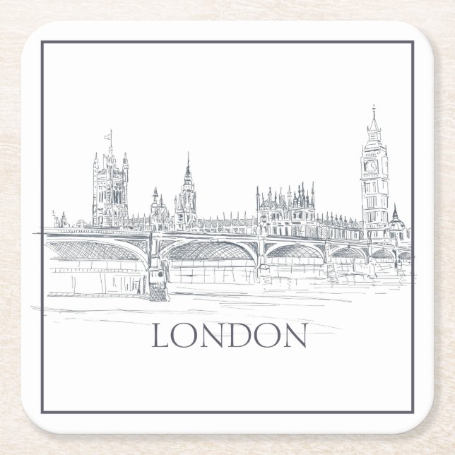 London Bridge Big Ben London Skyline Drawing Square Paper Coaster (Front)
