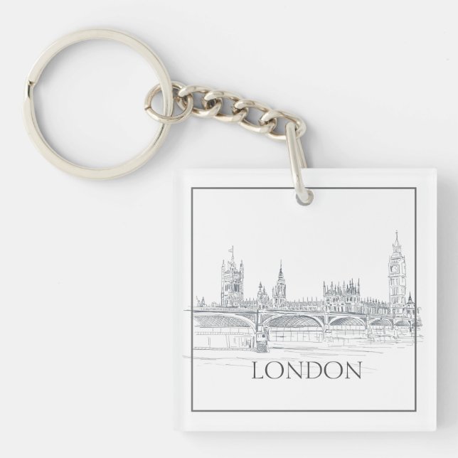 London Bridge Big Ben Pen and Ink Drawing Key Ring (Front)