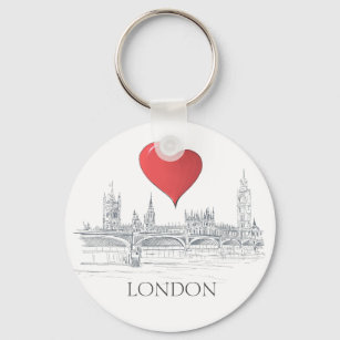 London Bridge Big Ben Skyline with Red Heart Key Ring