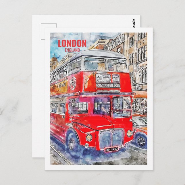 London Bus England Famous Travel Place Watercolor Postcard (Front/Back)