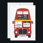 London Bus Save the Date card personalized<br><div class="desc">Personalized red London Bus Save the Date card. A great way to announce your wedding!  More options on: http://www.zazzle.co.uk/designbyredline</div>