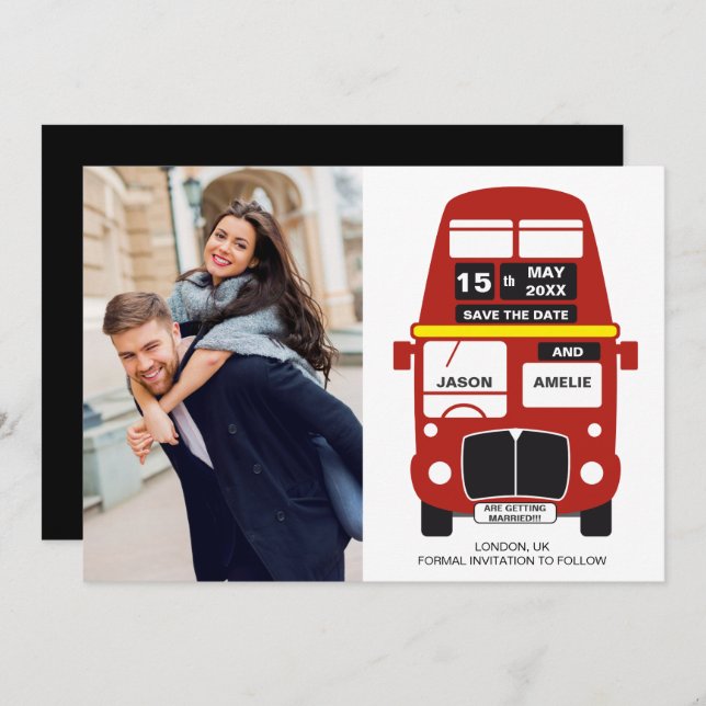 London Bus Save the Date card Photo Black (Front/Back)