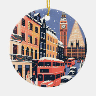London Christmas Big Ben Travel Poster Ceramic Ornament
