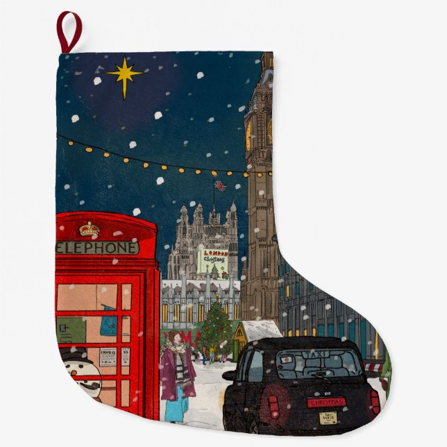 London Christmas Night Cityscape Large Christmas Stocking (Front)