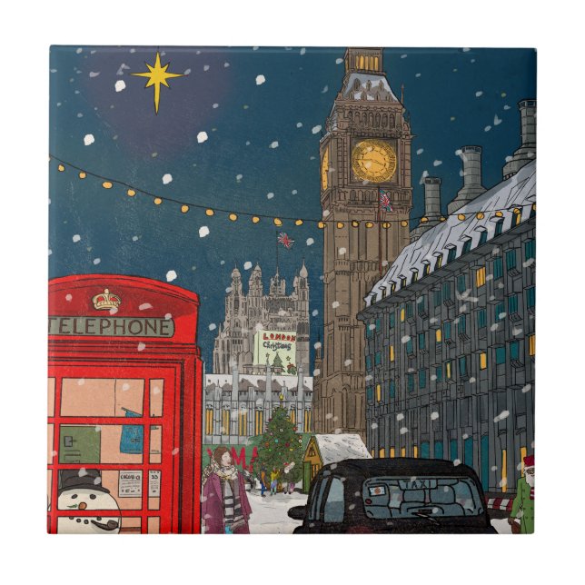 London Christmas Night Cityscape Retro-inspired Ceramic Tile (Front)