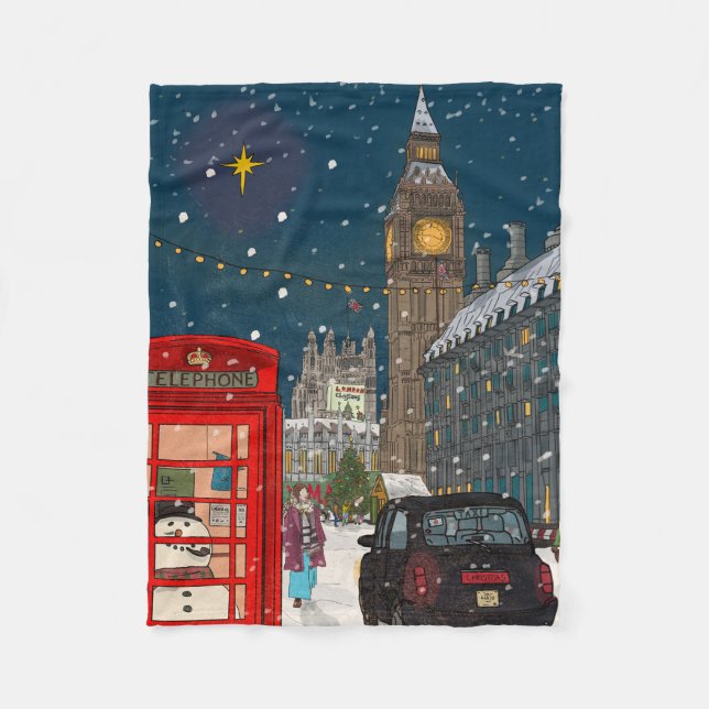 London Christmas Night Cityscape Retro-inspired Fleece Blanket (Front)