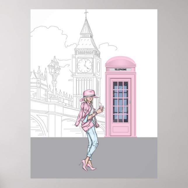 London City Girl with Pink Phone Box Canvas Print (Front)