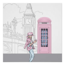 London City Girl with Pink Phone Box Poster
