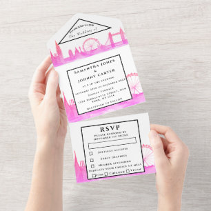 London City RSVP Watercolor Pink Modern Wedding All In One Invitation