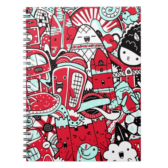 London City Scene, Cute Doodle Characters Notebook (Front)