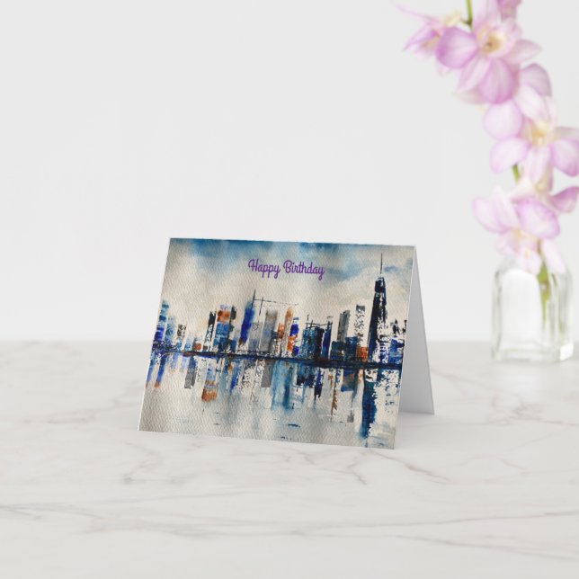 London City Skyline Abstract Painting Card (Orchid)