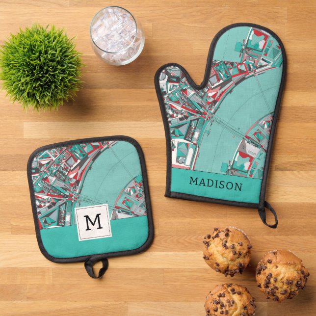 London City Structure Map Oven Mitt & Pot Holder Set (Top Down)