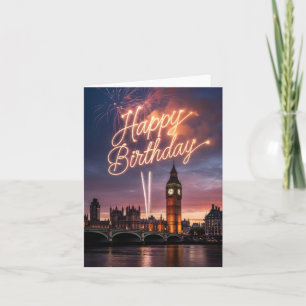 London Cityscape Birthday Greeting with Fireworks Holiday Card
