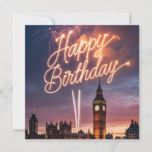 London Cityscape Birthday Greeting with Fireworks Holiday Card