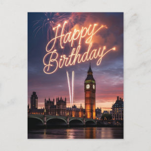 London Cityscape Birthday Greeting with Fireworks Postcard