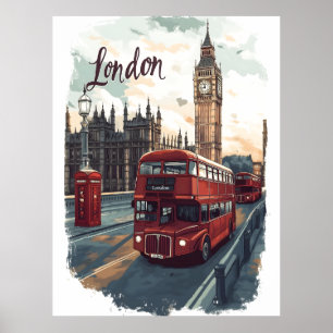 London Cityscape with Double-Decker Bus & Big Ben Poster