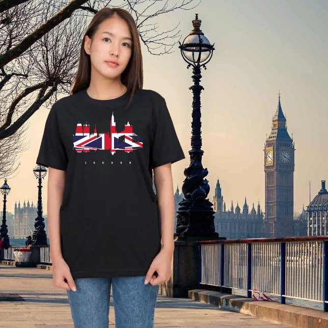 London Clock Tower Union Jack Travel T-Shirt (London, United Kingdom. Black t-shirt for women)