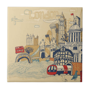 London Doodle Scene Ceramic Tile