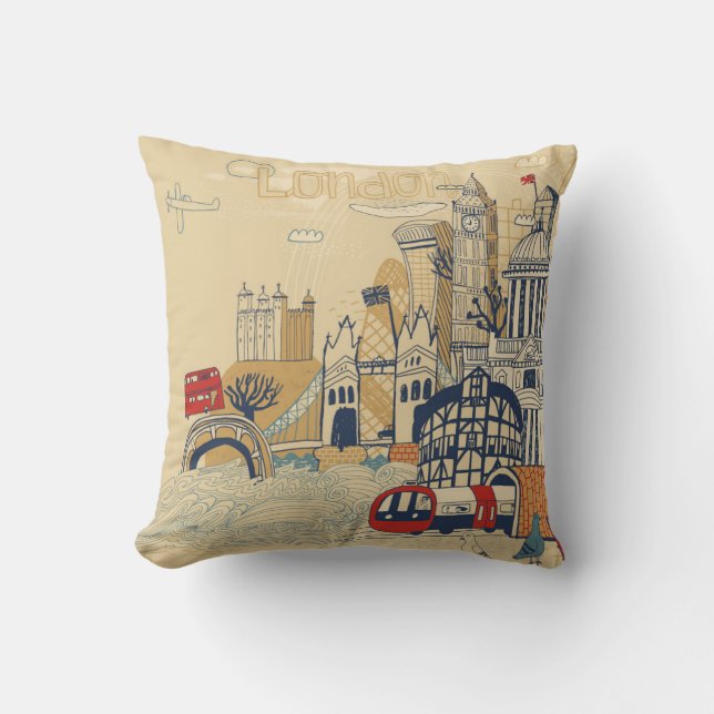 London Doodle Scene Cushion (Front)