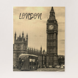 London England Big Ben Vintage Black White Red Bus Jigsaw Puzzle