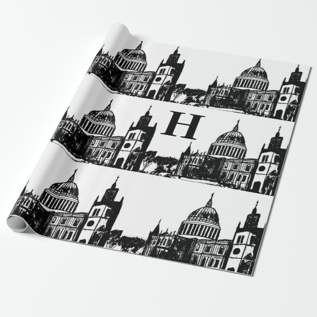 London England Elegant Black White Monogram  Wrapping Paper (Unrolled)