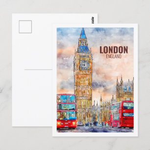 London England Famous Travel Watercolor Sketch Postcard