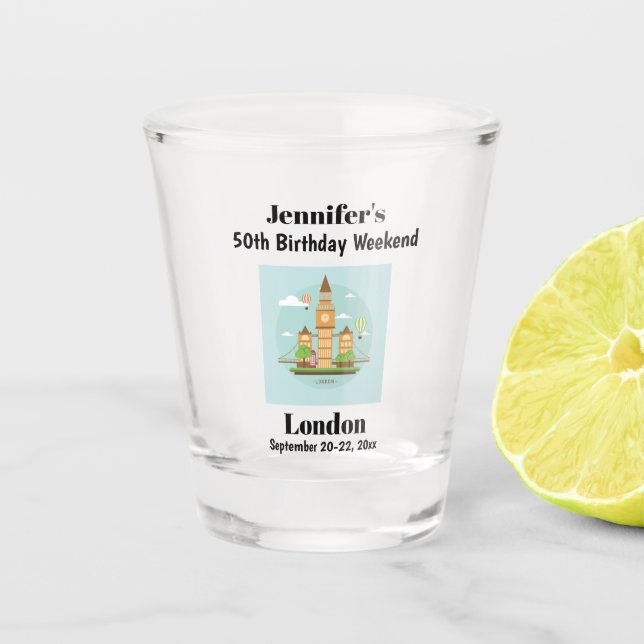 London England Milestone Birthday Party Trip Shot Glass (Front)