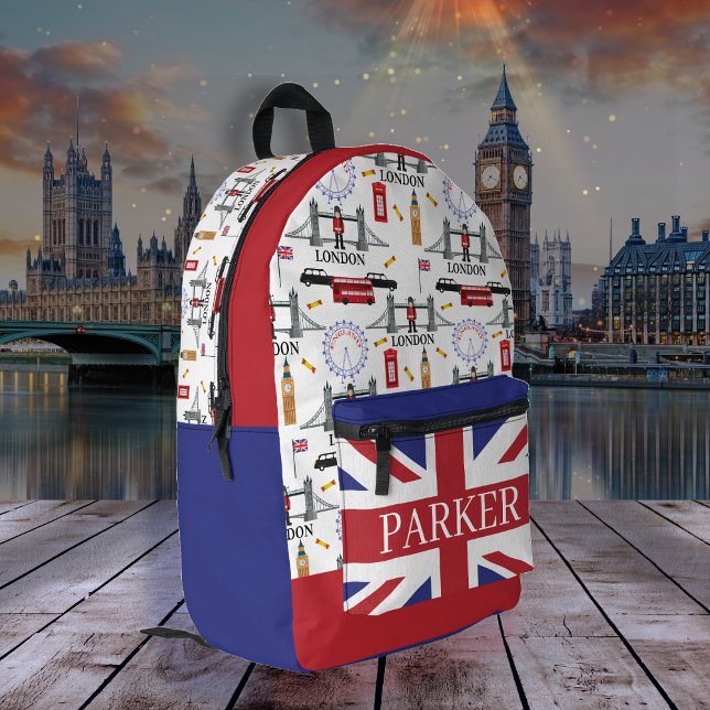 London England Queens Guard English Pattern Printed Backpack (London England Queen's Guard English Pattern  and Union Jack Flag Monogrammed Name Printed Backpack)