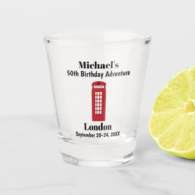 London England Red Phone Booth Birthday Trip Favou Shot Glass (Front)
