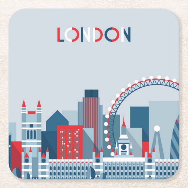 London, England | Red, White and Blue Skyline Square Paper Coaster (Front)