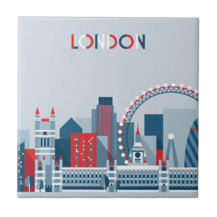 London, England Red, White and Blue Skyline Tile