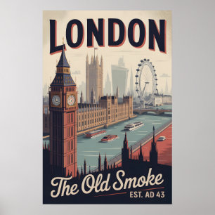 London England Retro Skyline Cityscape Travel  Poster