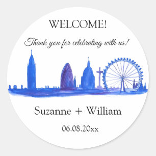 London England skyline Blue Favours Weddings Classic Round Sticker