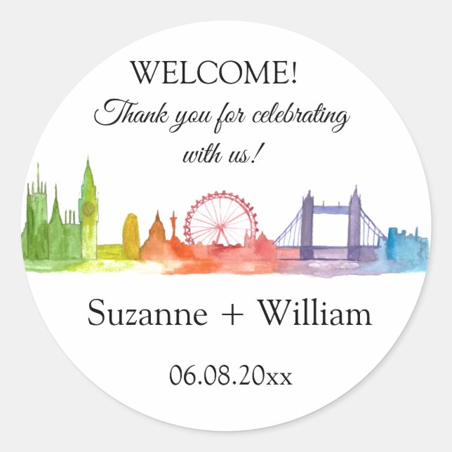 London England skyline Colourful Favours Weddings Classic Round Sticker (Front)