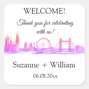 London England skyline Pink Favours Weddings Square Sticker