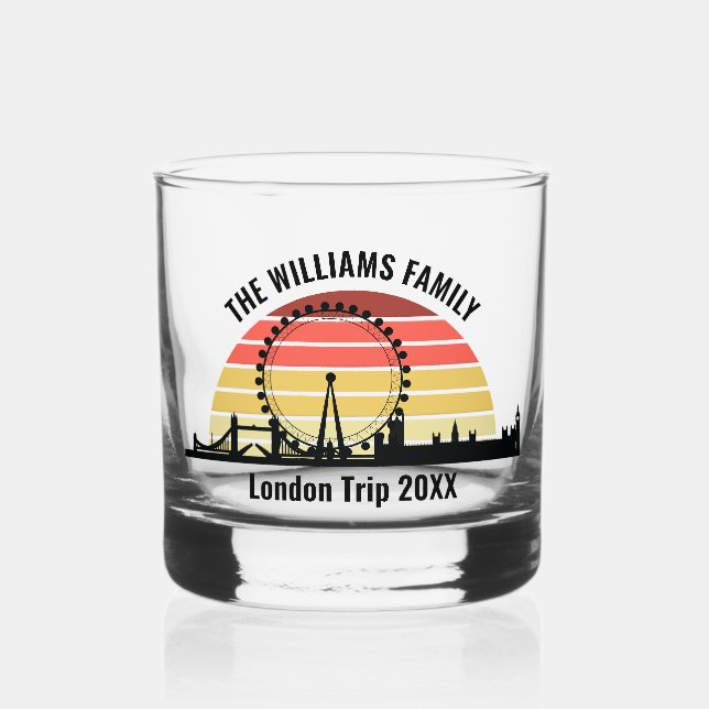 London England Sunset Custom Family Trip Whiskey Glass (Front)