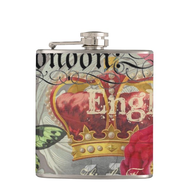 London England Travel Vintage Europe Art Hip Flask (Front)