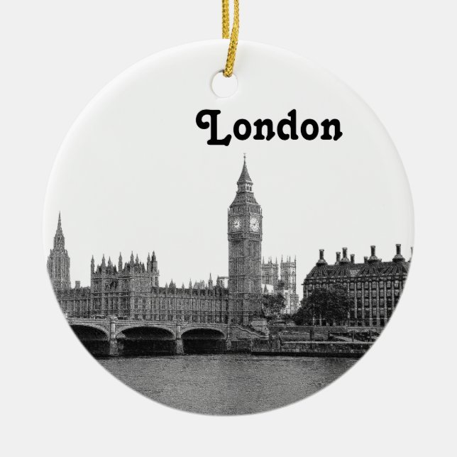 London England UK Skyline Etched Ceramic Tree Decoration (Front)