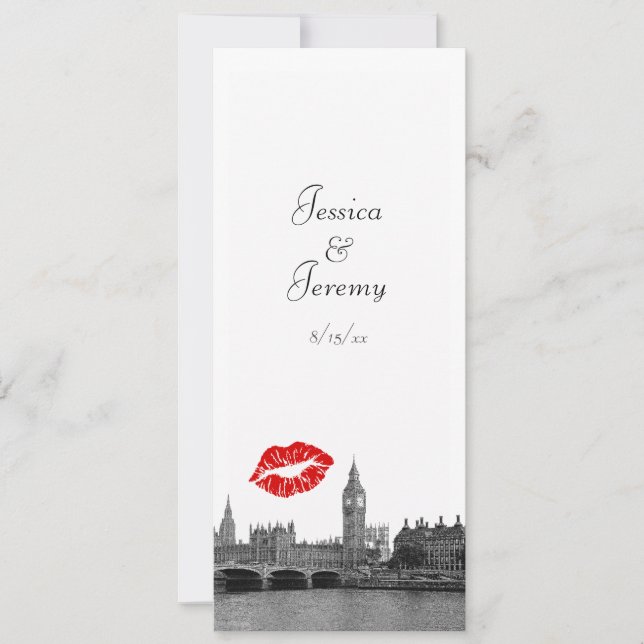London England UK Skyline Kiss Menu Reception Invitation (Front)