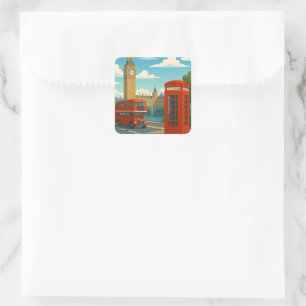 London England Vintage Big Ben, Red Bus, Telephone Square Sticker
