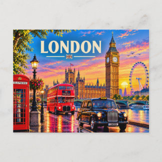 London England Vintage Travel - Big Ben, Red Bus Holiday Postcard