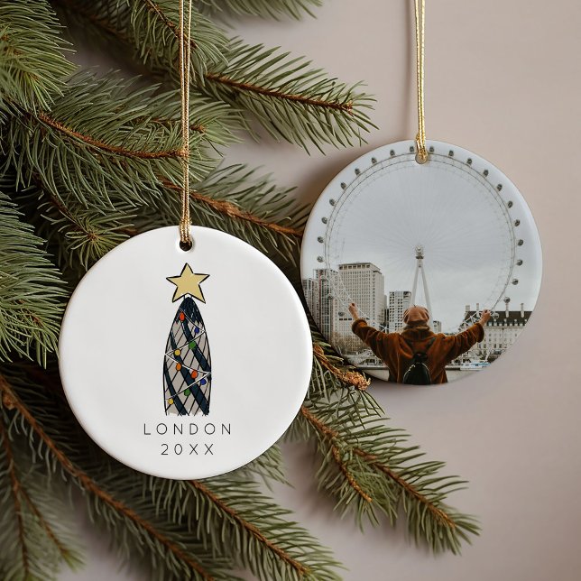 London Gherkin Tower Retro Christmas Tree Photo  Ceramic Ornament (London Gherkin Tower Retro Christmas Tree Photo Ceramic Ornament)