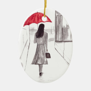 London girl with red umbrella ceramic ornament