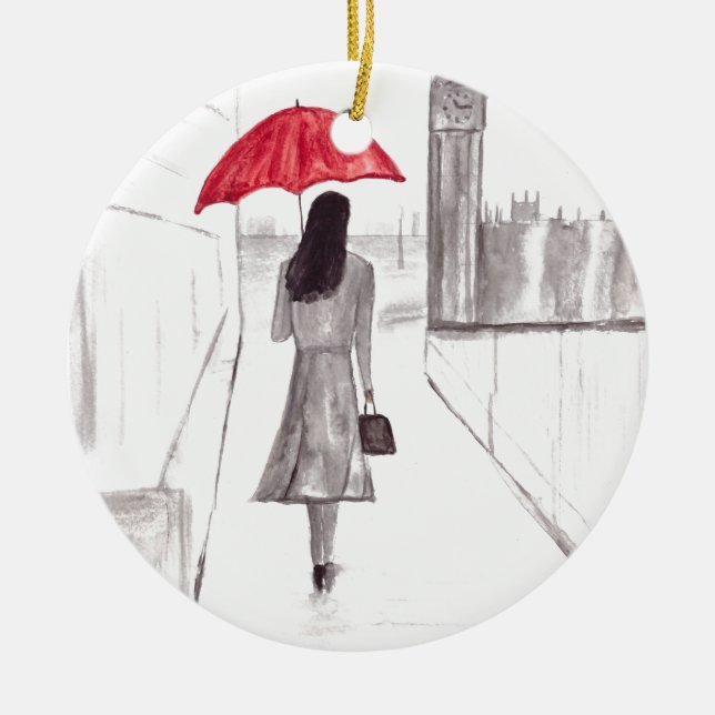London girl with red umbrella ceramic tree decoration (Front)