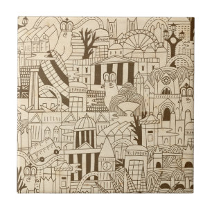 London Hand Drawn on Old Paper Ceramic Tile