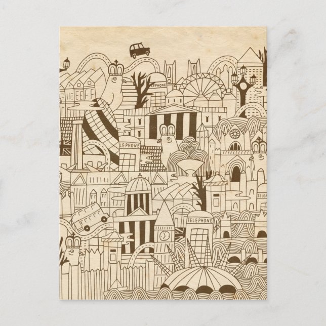 London Hand Drawn on Old Paper Postcard (Front)