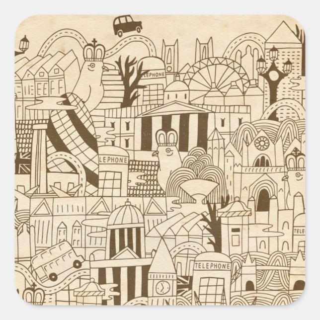 London Hand Drawn on Old Paper Square Sticker (Front)