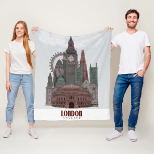 London in Clouds Red and Green Fleece Blanket